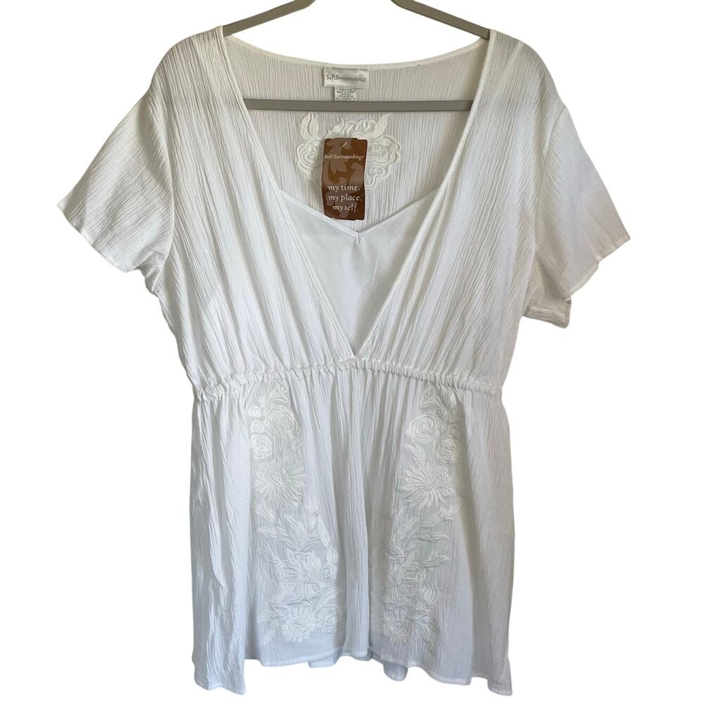 Soft Surroundings NWT Tunic Top Sz L V-Neck Embroidered White (Tiny Flaw)